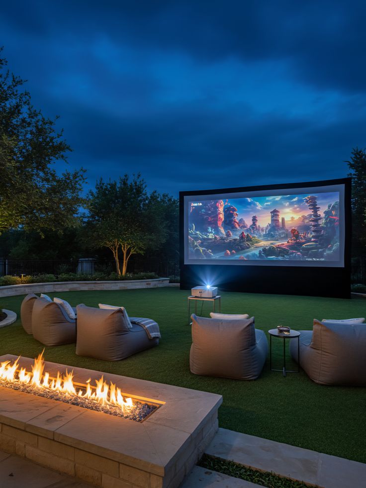 Outdoor cinema screen at dusk with bean bag seating beside a fire pit